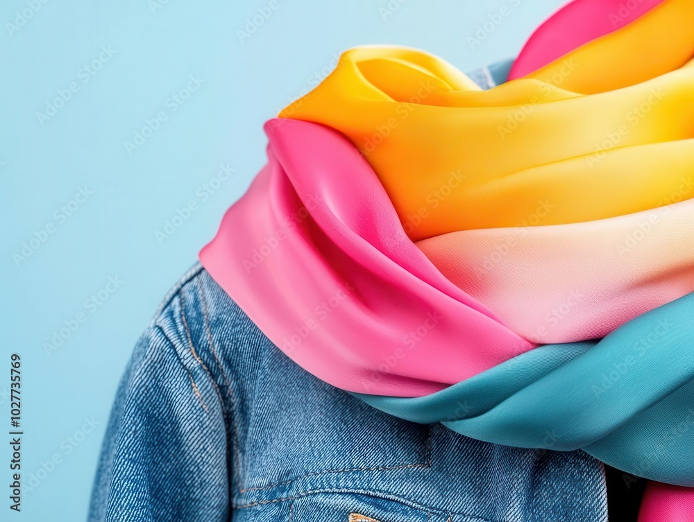 Vibrant silk scarf flowing over a denim jacket, fashion accessory, stylish and casual look Vibrant silk scarf flowing over a denim jacket, fashion accessory, stylish and casual look