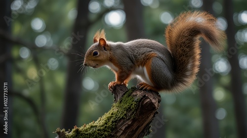 A red squirrel perched on a moss-covered tree trunk in a forest, looking to the side.