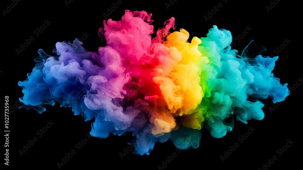 Fototapeta premium Colorful smoke explosion featuring a vibrant mix of hues against a black background, ideal for creative designs and mood enhancement.