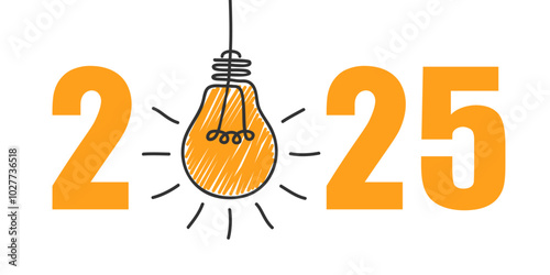 2025 yellow light bulb card decorative, resolution concept, success, innovative business vision, Happy New Year decorative shiny design for celebration