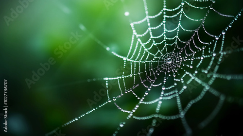 Spider Web with Dew Drops in Front of Blurred Green Background