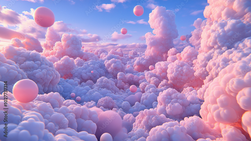 Dreamy pink clouds with floating spheres create whimsical atmosphere Dreamy pink clouds with floating spheres create whimsical atmosphere
