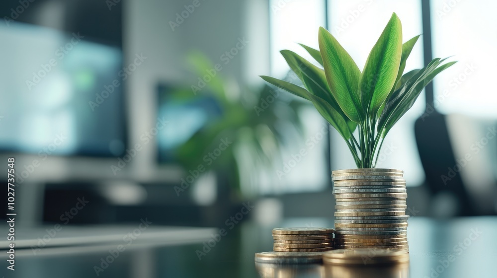 financial concept with a stack of coins and a growing plant in a modern office setting financial concept with a stack of coins and a growing plant in a modern office setting