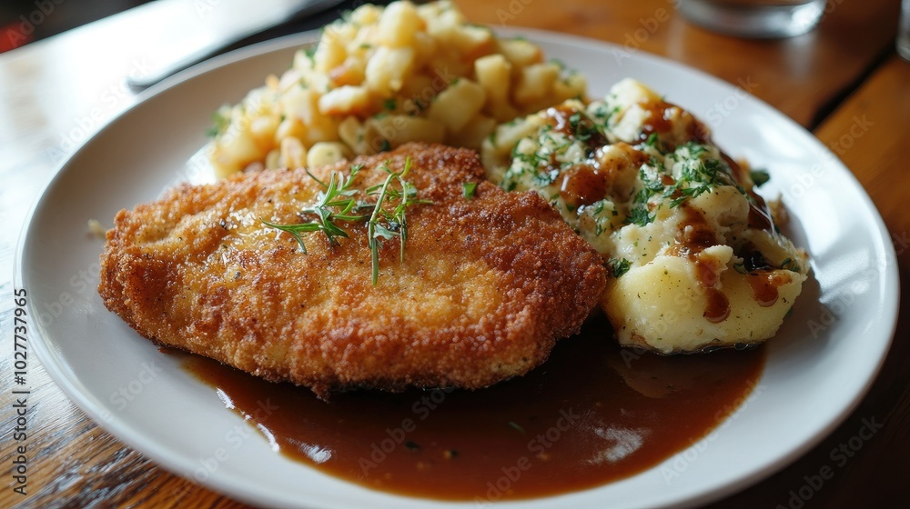 Crispy Fried Chicken with Sides of Pasta and Gravy Crispy Fried Chicken with Sides of Pasta and Gravy