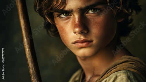 Portrait of young David, before his battle with Goliath, youthful face with determined and confident expression, holding a slingshot, wearing simple shepherd's attire photo