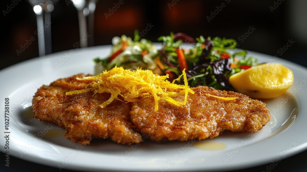 Crispy Fried Chicken with Fresh Salad and Lemon Slice Crispy Fried Chicken with Fresh Salad and Lemon Slice