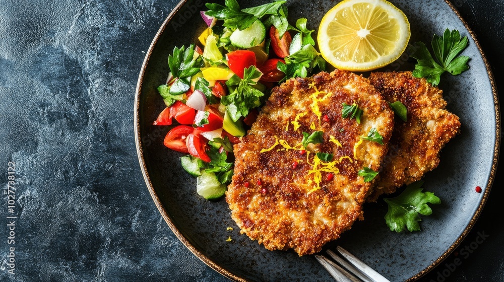 Crispy Fried Cutlet with Fresh Salad and Lemon Slice Crispy Fried Cutlet with Fresh Salad and Lemon Slice