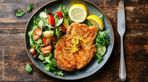 Fresh Chicken Dish with Salad and Lemon Slices