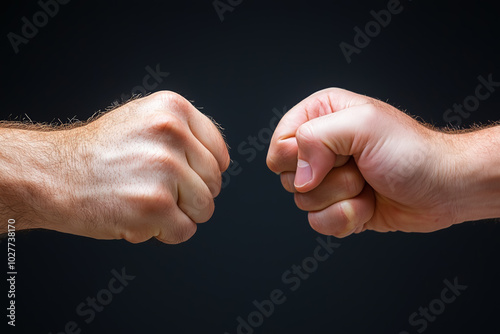 Two fists engaging in a playful gesture against a dark background in a friendly atmosphere photo