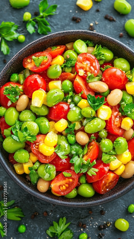 Close up of colorful salad with fava beans, cherry tomatoes, and corn top view food photography Close up of colorful salad with fava beans, cherry tomatoes, and corn top view food photography