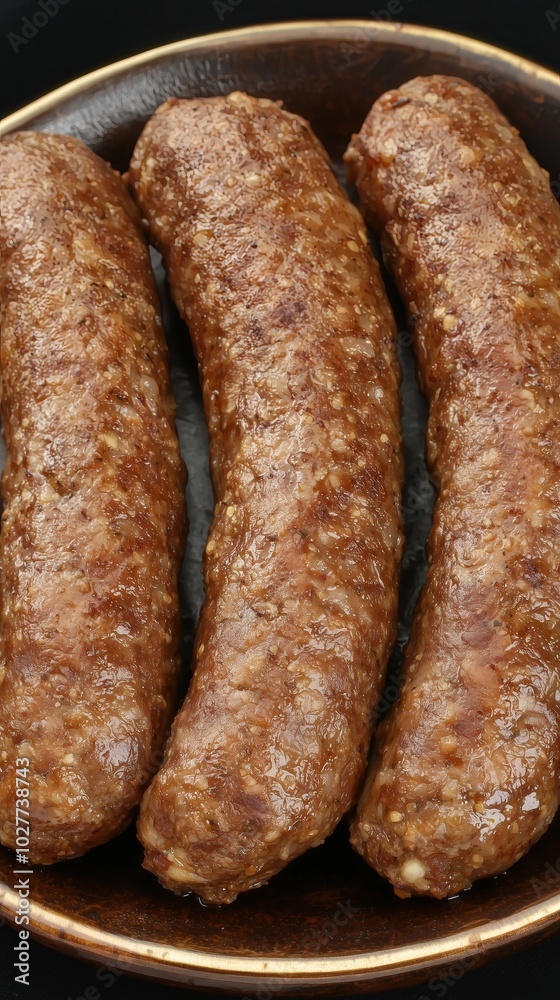 Three cooked sausages on plate closeup food photography Three cooked sausages on plate closeup food photography