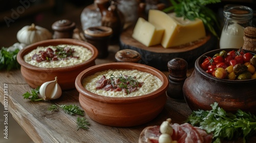 Rustic table setting with traditional food and ingredients photo