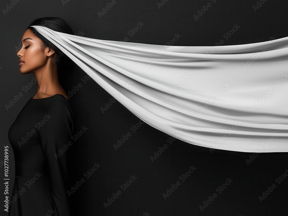 Woman with a flowing silk scarf paired with a fitted dress, fashion accessory, graceful and classic look Woman with a flowing silk scarf paired with a fitted dress, fashion accessory, graceful and classic look