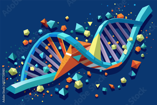 A 3D DNA molecule fragmented and scattered, representing the concept of genetic mutations