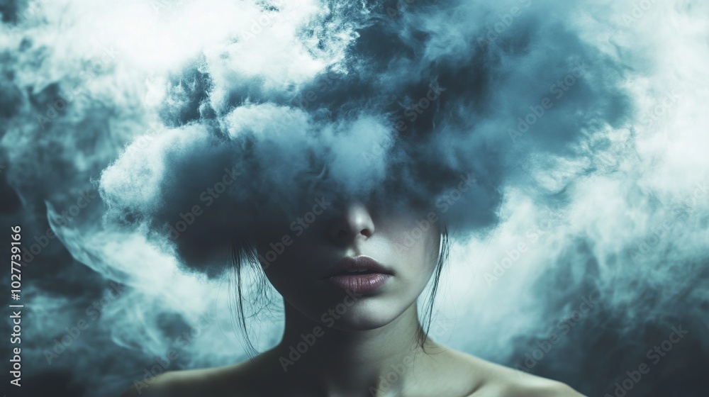 Woman with cloud covering her head symbolizing mental struggle Woman with cloud covering her head symbolizing mental struggle