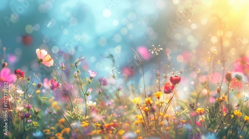 Sunlit Wildflower Meadow with Vibrant Bokeh Background