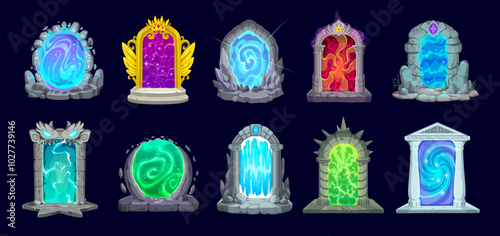 Fantasy fairytale game magic portal doors. Cartoon vector set of mystical energy plasma light framed in stone arches. Gates, doorways and gateways to worlds of adventure, teleportation and time-travel