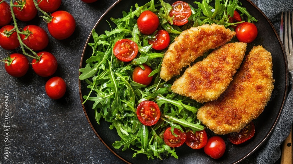Crispy Chicken Strips with Fresh Salad Garnish Crispy Chicken Strips with Fresh Salad Garnish