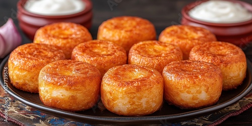 Close-up of golden brown crispy fried cheese curds on black plate food photography