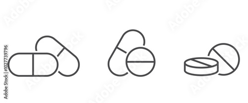 pill line icon set. pharmaceutical and medicament symbols. isolated vector images in simple style