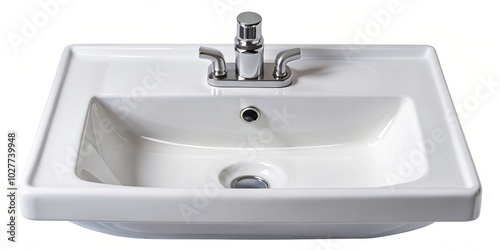 A white ceramic sink wash basin for the bathroom is depicted in this stock photo isolated on a background with a bird s eye view, interior design, elegant, sink,white, faucet, bathroom photo