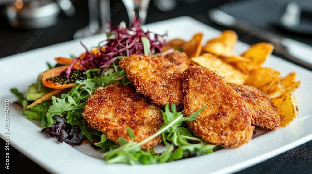 Crispy Chicken Dish with Fresh Greens and Chips Crispy Chicken Dish with Fresh Greens and Chips