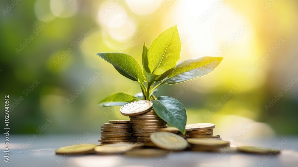 A green plant emerging from a stack of coins with a bright, clean backdrop, illustrating the growth of savings and financial investment A green plant emerging from a stack of coins with a bright, clean backdrop, illustrating the growth of savings and financial investment