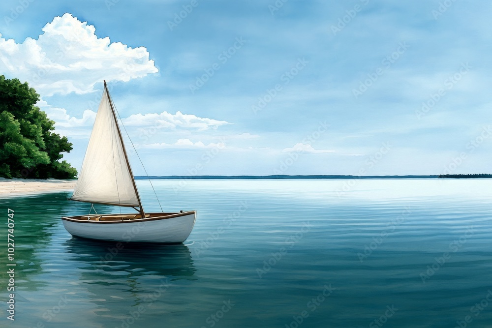 Obraz premium Watercolor painting of a sailboat on a calm lake, with soft blues and greens blending together to create a peaceful, serene scene, with gentle brushstrokes capturing the motion of the water