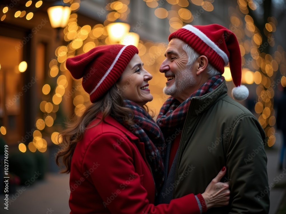 Couple in festive hats joyfully embrace on a decorated street with glowing lights during the holiday season Couple in festive hats joyfully embrace on a decorated street with glowing lights during the holiday season