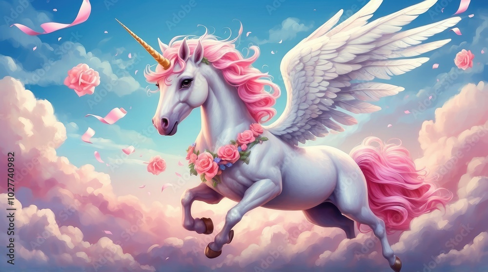 Fototapeta premium A majestic pink unicorn with large, feathery wings leaps gracefully through a dreamy scene of soft,
