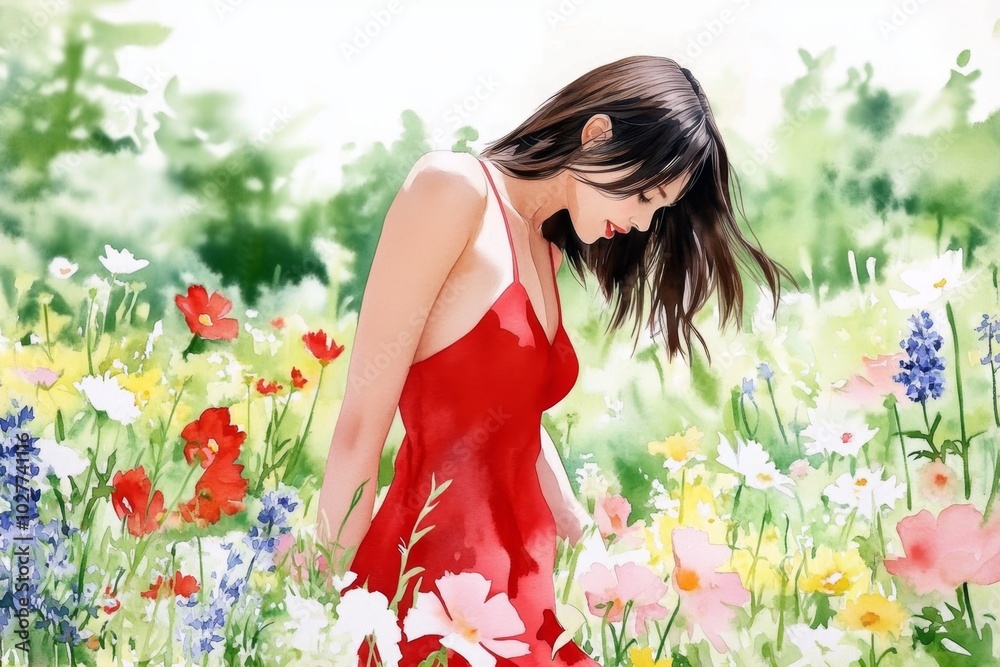 Naklejka premium Whimsical watercolor of a lady in a red sundress, walking through a field of wildflowers, with bright, vivid reds contrasting with the soft greens and yellows of the surrounding nature