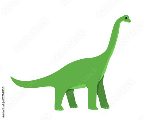 Concept of dinosaur. Green brachiosaurus. Prehistoric wild animal. Wildlife and fauna. Dino with large neck. Social media sticker. Flat vector illustration