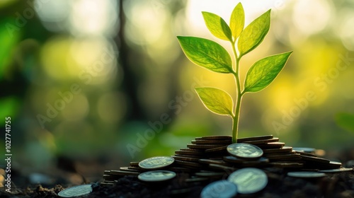 A green plant growing from a pile of coins with a fresh, clean backdrop, symbolizing financial growth and investment