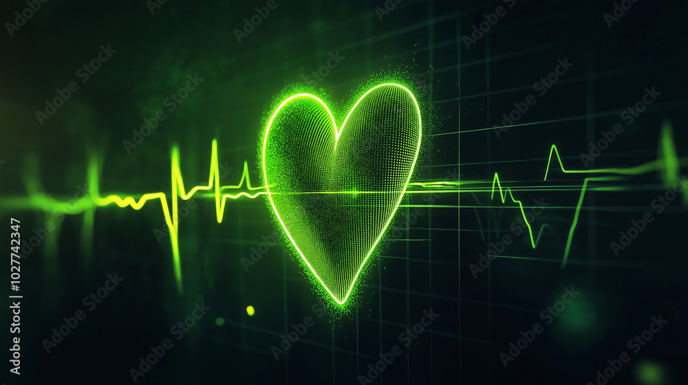 Radiant Neon Green Heartbeat Pulse on Dark Background, Representing Heart Monitoring Systems Radiant Neon Green Heartbeat Pulse on Dark Background, Representing Heart Monitoring Systems
