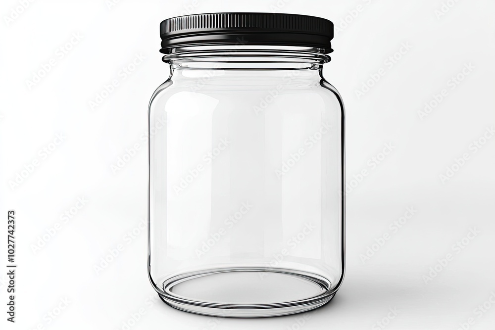 A clear glass jar with a black lid, perfect for storing food, crafts, or small items in a stylish and organized manner. A clear glass jar with a black lid, perfect for storing food, crafts, or small items in a stylish and organized manner.