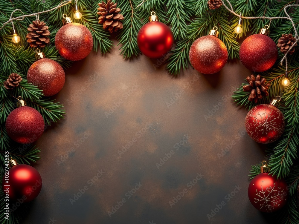 custom made wallpaper toronto digitalRed Christmas ornaments and pine branches create a festive border on a rustic wooden background for holiday celebrations