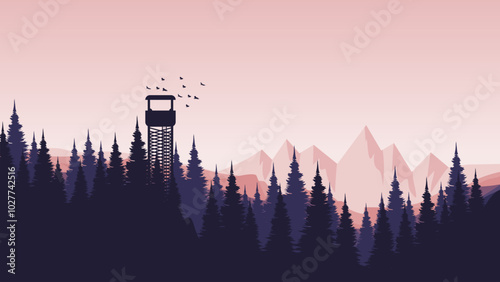 morning mountain view with pine forest silhouette flat design vector illustration good for presentation, advertising, ads, business, wallpaper, backdrop, background, and web banner