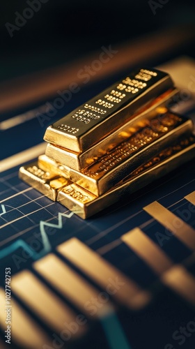 Close-up of gold bars on a financial chart, symbolizing wealth and investment opportunities in precious metals.