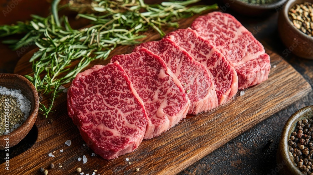 Fresh Wagyu Steak on Wooden Board with Herbs and Spices Fresh Wagyu Steak on Wooden Board with Herbs and Spices