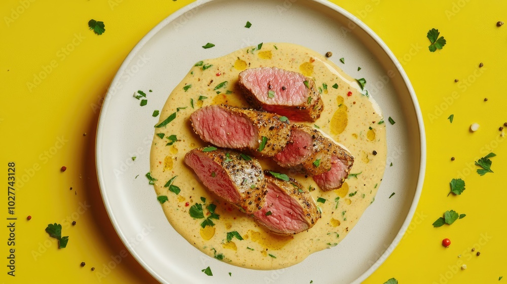 Juicy Steak Slices with Creamy Sauce on Yellow Plate Juicy Steak Slices with Creamy Sauce on Yellow Plate