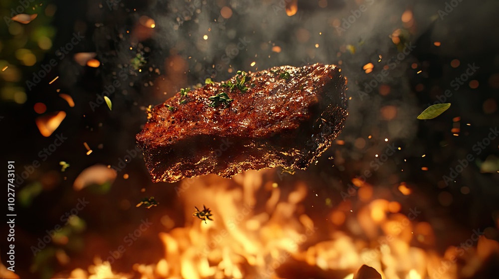 Grilled Meat Slice with Smoke and Flames Grilled Meat Slice with Smoke and Flames