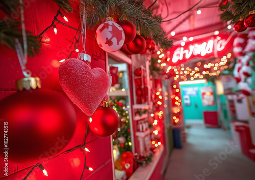 Red and white holiday decorations adorn a festive corridor filled with Christmas cheer