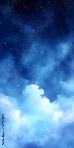 A breathtaking night sky with fluffy clouds and a scattering of stars.