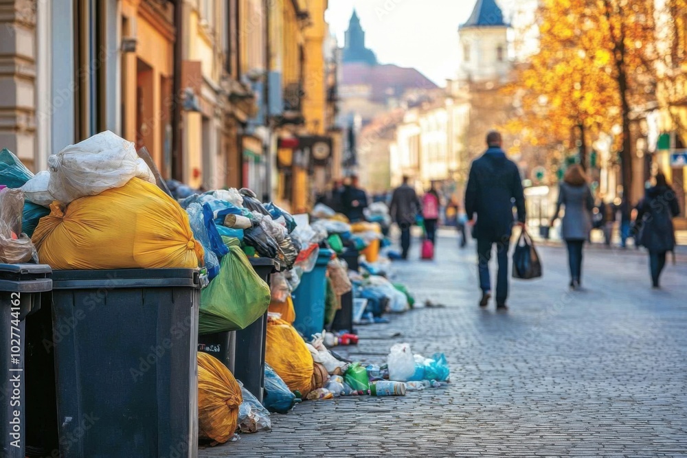 A city street filled with uncollected garbage bags and overflowing bins, with pedestrians walking past, symbolizing urban waste management challenges A city street filled with uncollected garbage bags and overflowing bins, with pedestrians walking past, symbolizing urban waste management challenges