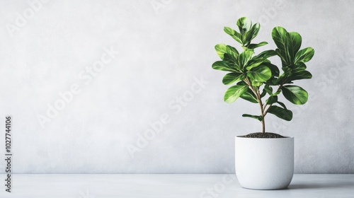 A green plant in a modern white ceramic pot against a pristine, uncluttered background, emphasizing elegance and purity