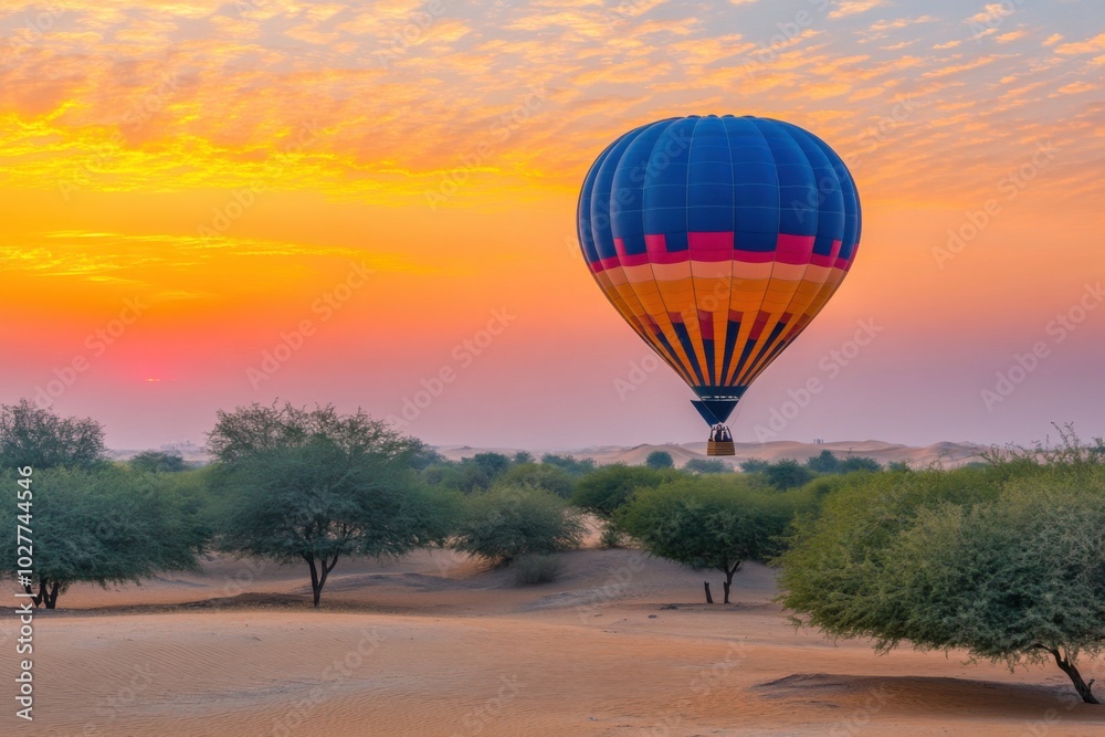 Naklejka premium A romantic scene of a hot air balloon at sunset, casting long shadows over a desert landscape, with the sky ablaze in shades of orange and pink 