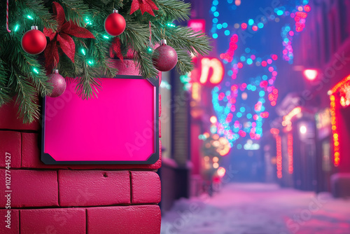 A festive winter street adorned with colorful lights and decorations during the holiday season photo