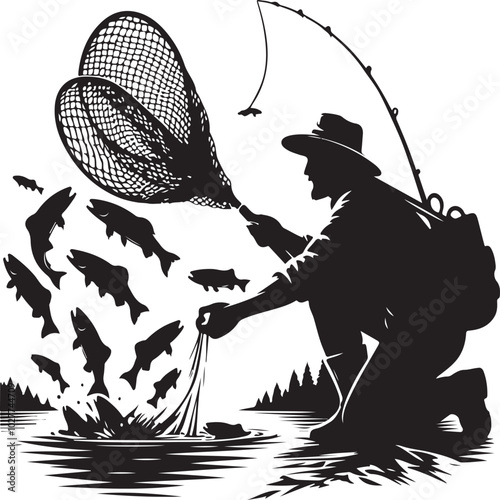 Silhouette of a fisherman net Fishing, triumphant pose,isolated on white background. Vector