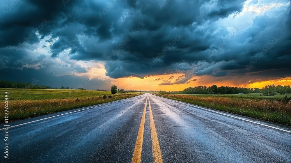 Fototapeta premium Storm over the road in the countrtyside, heavy clouds on sky