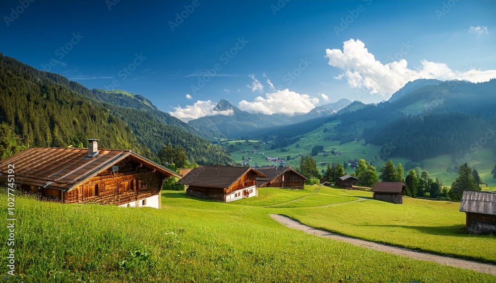 astonishing view of alpine green fields and traditional wooden houses in lindenthal village near abtenau astonishing view of alpine green fields and traditional wooden houses in lindenthal village near abtenau